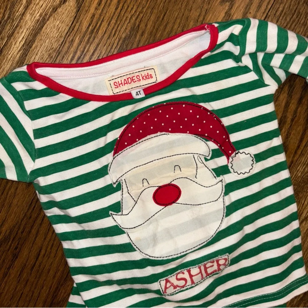 Personalized name ASHER Santa Claus Christmas pajama set green and white striped